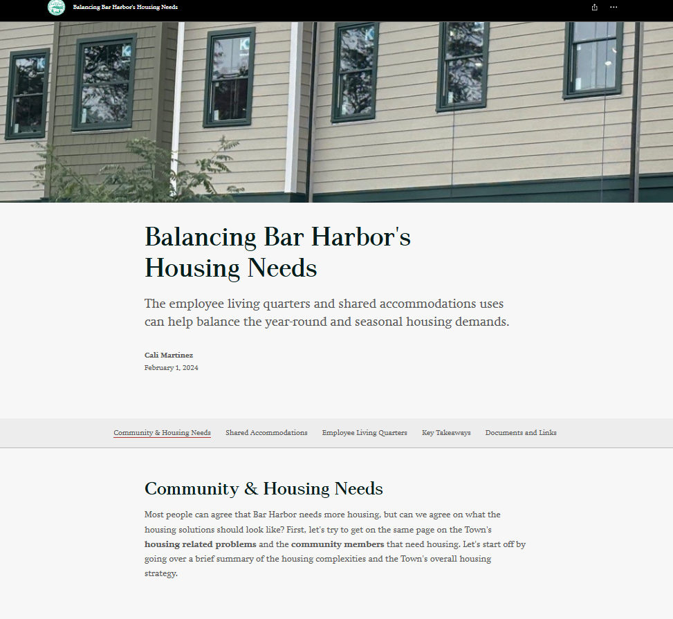 Balancing Bar Harbors Housing Needs story map screenshot